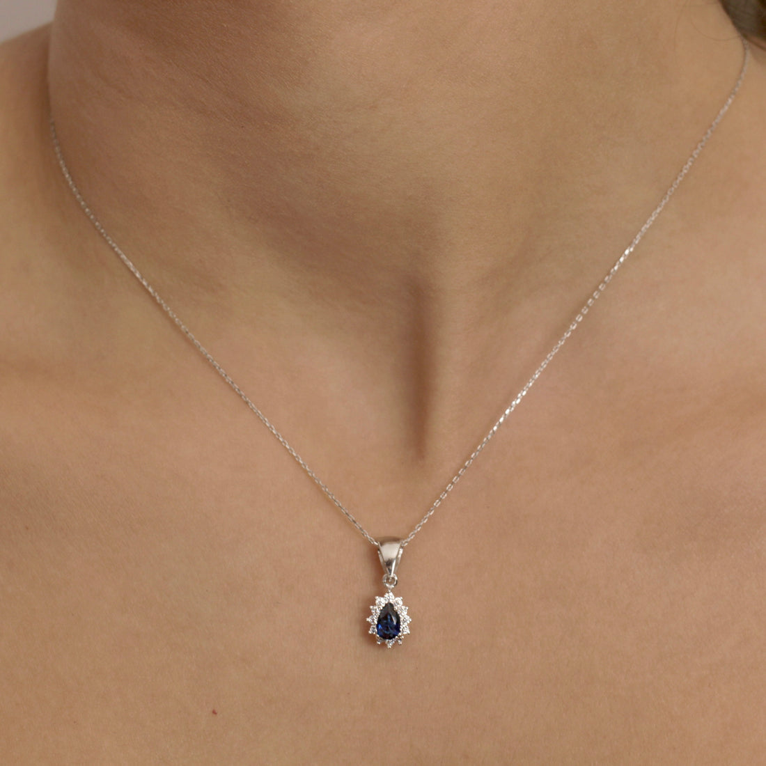 14K Solid Gold Minimalist Drop Cut Sapphire Necklace