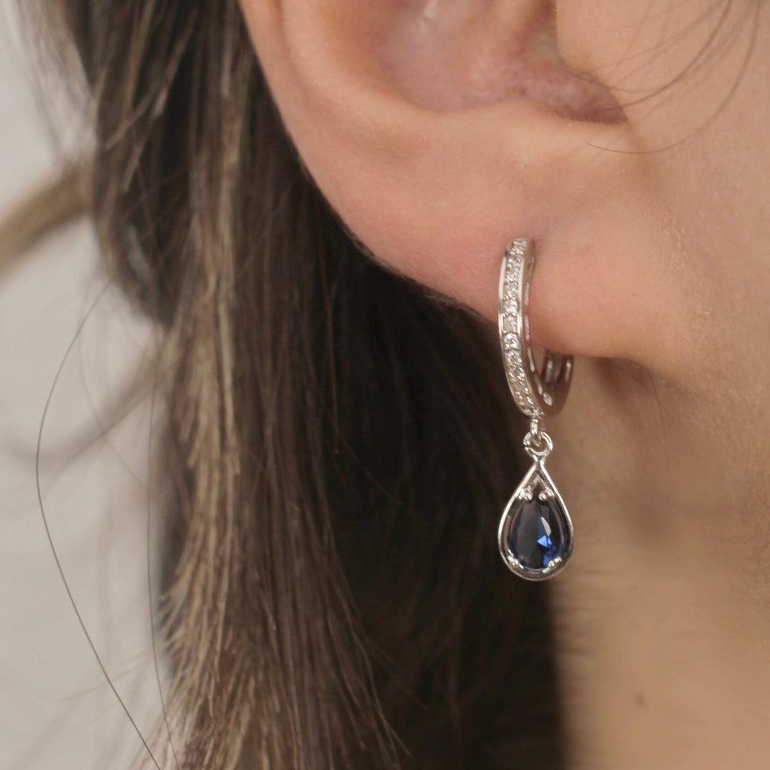 14K Solid Gold Hoop Cellular Blue Teardrop Earrings